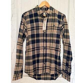NWT Blend 100% Cotton Flannel Plaid Button Down Shirt Blue Tan Tartan Men’s S